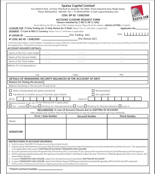 5paisa demat account closure form